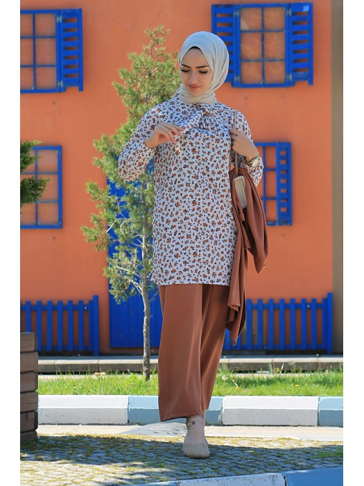 Klinkır Kahve Çiçekli Tunik Takım